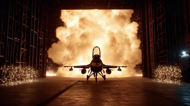 Fighter jet takes off in explosive display of fire and sparks from hangar with dramatic lighting effects
