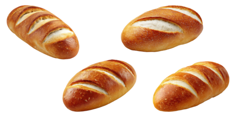 Set of crusty oval bread rolls with slits, isolated on transparent background