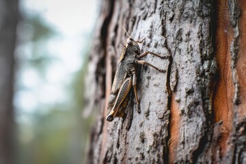Grasshopper resting on tree bark in a forest during daylight