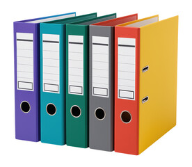 Colorful Set of Office File Folders in Multiple Shades Including Purple, Blue, Green, Gray, Red, and Yellow for Document Organization, Isolated on Transparent and White Background