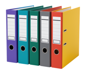 Colorful Set of Office File Folders in Multiple Shades Including Purple, Blue, Green, Gray, Red, and Yellow for Document Organization, Isolated on Transparent and White Background