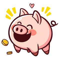 Cute happy pink piggy bank with golden coins and heart, doodle cartoon character, isolated vector illustration