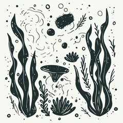 Marine Life Illustration: A monochromatic illustration depicts a diverse array of marine elements including seaweed, fungi, bacteria, and other water life.