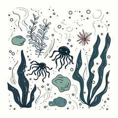 Naklejka premium Underwater Garden of Whimsy: Whimsical illustration showcasing the beauty of a sea-life with hand-drawn jellyfish, seaweed, stones, and bubbles.