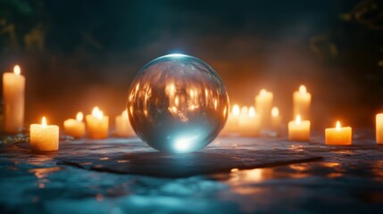 A blank crystal orb on a mystical altar surrounded by candles.
