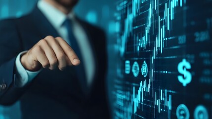 Businessman interacting with a holographic financial data interface