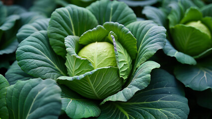 Obraz premium Ripe headed cabbage plant with green leaves, isolated in a garden. Ideal for illustrating healthy vegetables, gardening, or organic farming concepts.