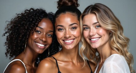 Obraz premium Diverse Beauty Portrait of Three Women Against Neutral Background – High-Resolution Close-Up