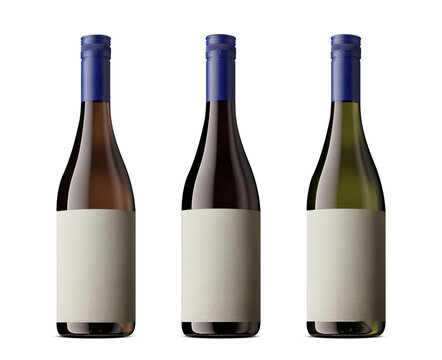 Three wine bottles with blank white labels and blue caps isolated on transparent background, ideal for branding or packaging mockups