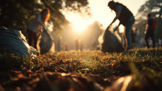 Volunteers Cleaning Up a Park at Sunset, Representing Community Engagement and Environmental Responsibility Through Corporate Social Responsibility Programs : Generative AI