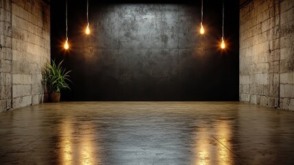 Dark Industrial Interior with Exposed Brick Walls and Edison Bulbs