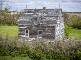 Small, old house with a lot of overgrown bushes in front of it