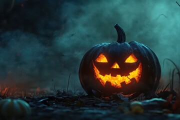 Spooky animated Halloween pumpkin glowing in the night with a menacing face, halloween pumpkin night scary ing Photo animated background