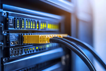 High tech server with fiber optic cables connected, showcasing advanced networking technology and efficient data transfer