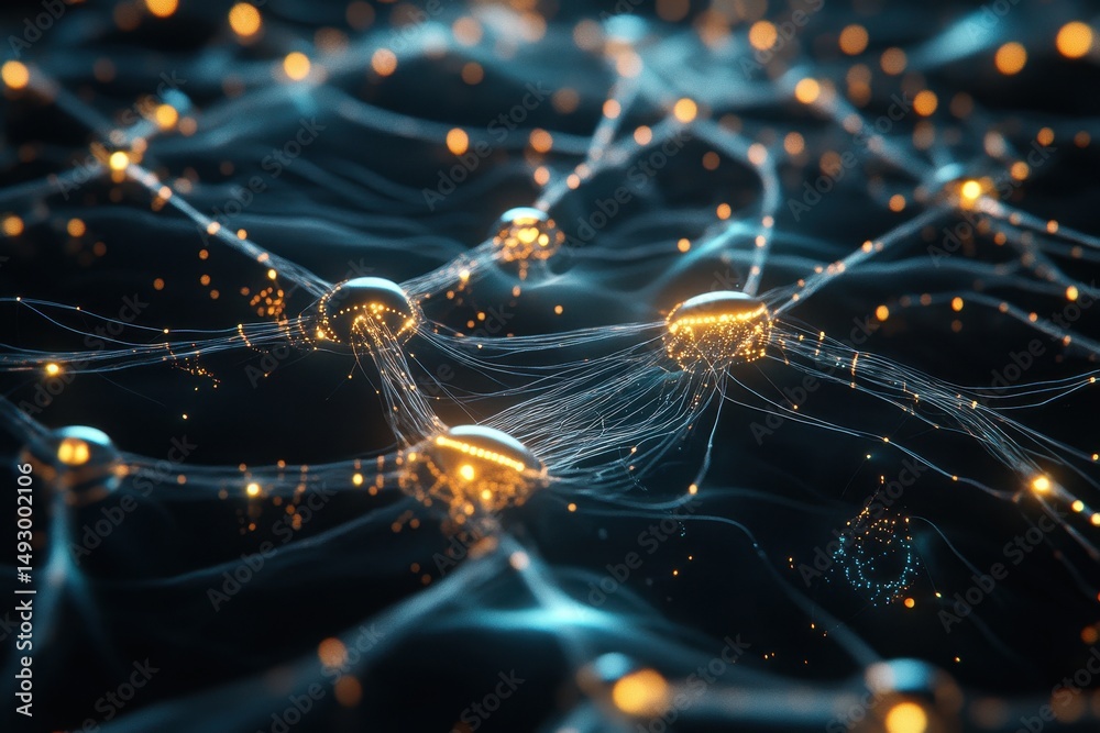 Poster exploring the intricate connections and patterns of artificial intelligence networks in digital visu