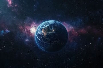 Obraz premium Expansive view of Earth in outer space with vibrant cosmic background and swirling galaxies, earth in space seamless ing Photo background