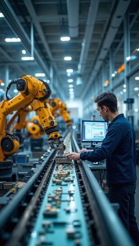 Industry 4.0 manufacturing engineer working with robotic arms on production line, industrial automation concept for marketing campaign visual