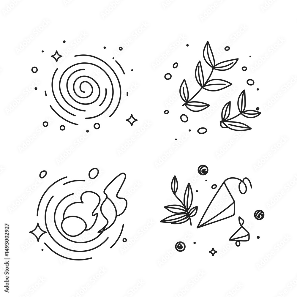 Poster celestial harmony: minimalist line art compositions intertwining cosmic swirls and organic botanical