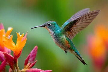 Fototapeta premium Hummingbird flying near vibrant tropical flower nature