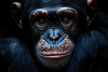 Intense gaze of a chimpanzee illuminated by iridescent light, Chimpanzee with iridescent light on face, intense gaze, dark background
