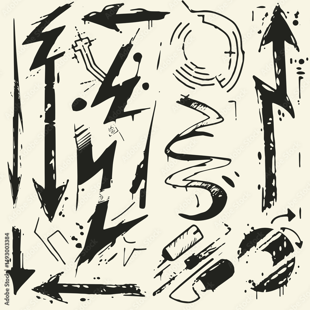 Poster dynamic arrows and graphic elements: a collection of bold, textured arrows and graphic elements in a