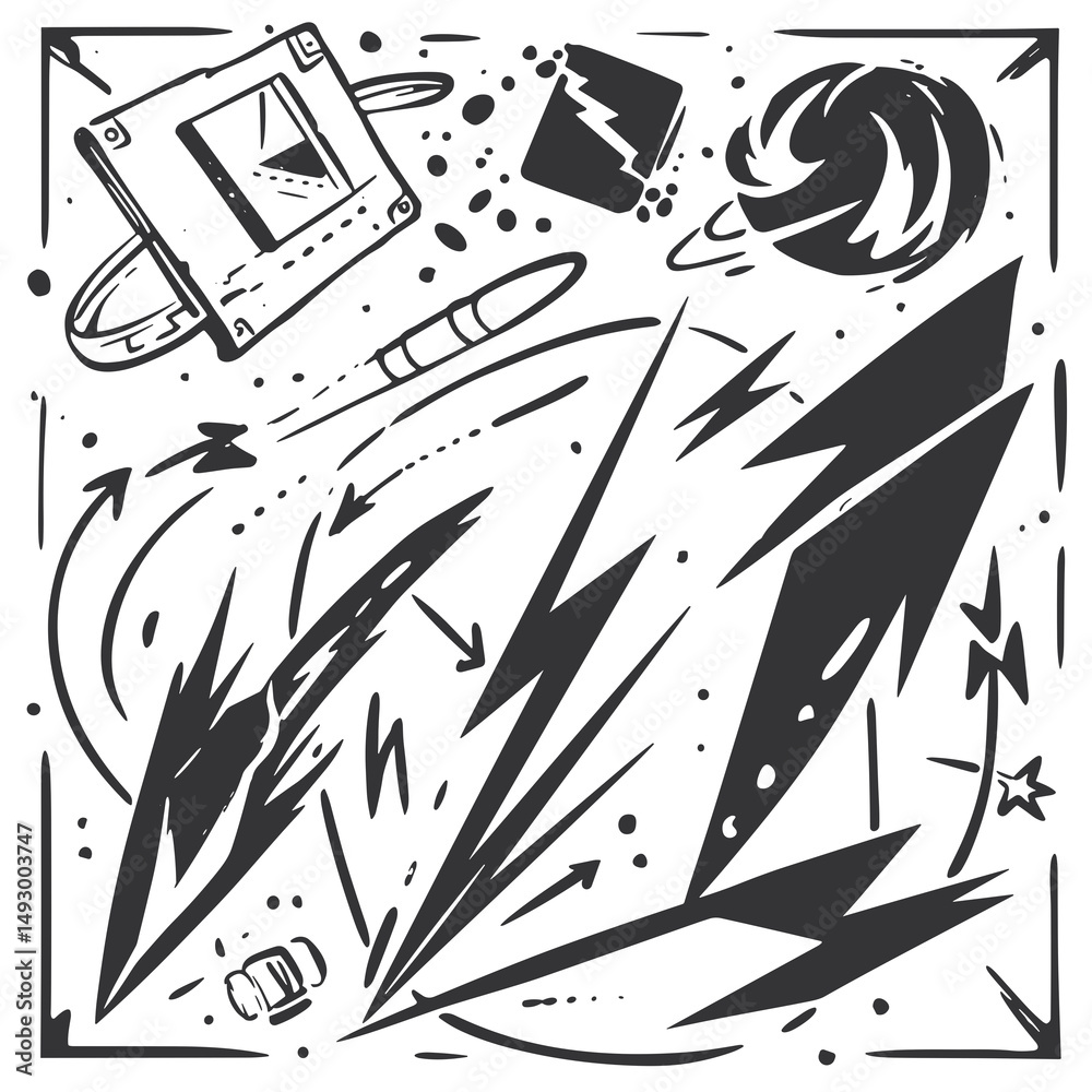 Poster artistic explosion composition: an artistic composition explodes with energy, utilizing stark black 