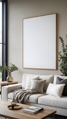 Fototapeta premium Modern living room interior design with large blank canvas