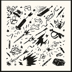 Exploding Ideas: A vibrant collection of hand-drawn doodle elements depicting explosions, arrows, stars, and various creative tools, suggesting a burst of imagination and innovation.