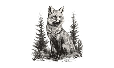 Monochrome fox sketch, vintage wildlife etching, hand-drawn forest mammal, rustic animal print, retro fauna drawing, detailed nature illustration, classic engraving style, black ink art