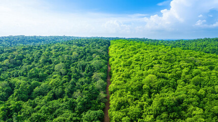 Lush green forest landscape showcasing vibrant transition between dense foliage and open space, evoking sense of tranquility
