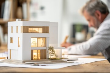 Architect working on house model design plan