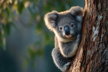 Obraz premium Koala clinging to tree trunk looking out