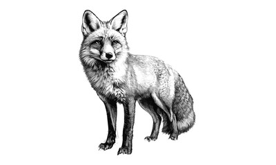 Vintage fox engraving, hand-drawn forest animal, monochrome etching, winter wildlife sketch, retro style illustration, snowy nature decor, detailed animal print, classic sketch