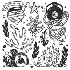 Oceanic Elements: An artistic and intricate depiction of the ocean's wonders, featuring marine life and nautical objects in an illustrative style.