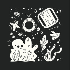Oceanic Whispers: A collection of hand-drawn oceanic elements evokes the mysteries of the sea with playful art.