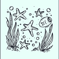 Undersea Doodle:Whimsical hand-drawn illustration of starfish, seaweed, and a sea creature, creating a charming underwater scene. 