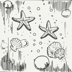 Oceanic Sketches: Hand-drawn monochrome illustration showcases starfish, seashells, and bubbles creating an underwater aesthetic. 