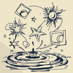 Celestial Symphony: A cosmic illustration showcasing a drop impacting a pool of water, with celestial bodies and stars dancing above.
