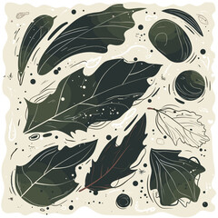 Botanical Watercolor Elements: A collection of elegant botanical watercolor elements, featuring stylized leaves, stones and natural shapes on a textured background.