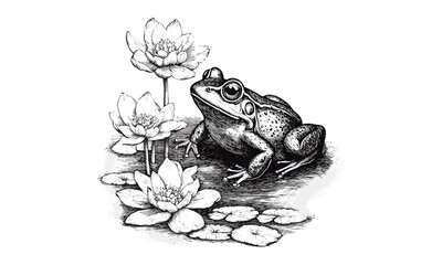 Vintage frog etching, hand-drawn amphibian art, monochrome nature illustration, rustic wildlife print, black sketch, old engraving style, fauna line art, natural habitat drawing, forest animal art,