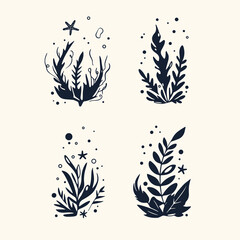 Seaweed Silhouette Set: An artistic and ethereal set of four seaweed silhouettes, featuring intricate details and delicate textures, perfect for adding a touch of marine charm to designs, stationery.