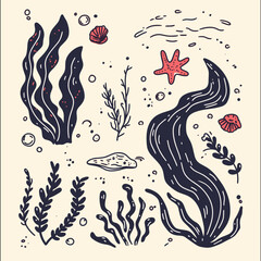 Underwater Treasures: An evocative collection of ocean-inspired elements, meticulously crafted in a vintage, hand-drawn style. Delicate seaweed, vibrant starfish.