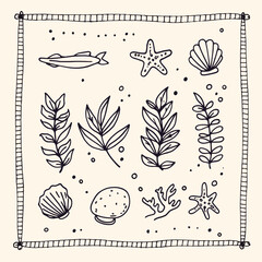 Oceanic Doodle: A captivating doodle composition featuring various marine elements, presented in elegant black lines and a light background. Showcasing the beauty and diversity of underwater life.