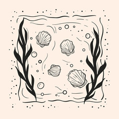 Seashells and Seaweed: Hand-drawn illustration of seashells nestled amongst seaweed on an ocean floor.  The illustration is framed by seaweed branches, giving a sense of serenity and calmness.