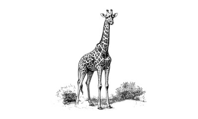 Vintage wildlife etching, hand-drawn engraving, monochrome mammal line art, giraffe browsing, rustic fauna print, detailed nature illustration, retro safari drawing, black sketch, classic style © Vintage Studio