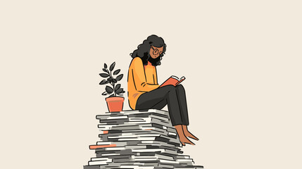 Reading Amongst Knowledge: A figure sits atop a towering stack of books, completely absorbed in the pages of a book, a small potted plant is placed beside.