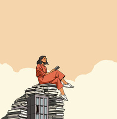Literary Escape: A woman, perched atop a towering stack of books against a dreamy pastel sky, is completely engrossed in reading, symbolizing the journey of knowledge and the joy of reading.
