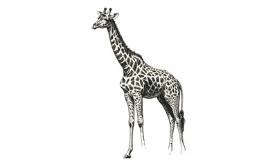 Naklejka premium Giraffe engraving, hand-drawn etching, monochrome sketch, vintage mammal art, retro safari illustration, African wildlife decor, old style drawing, classic wildlife print