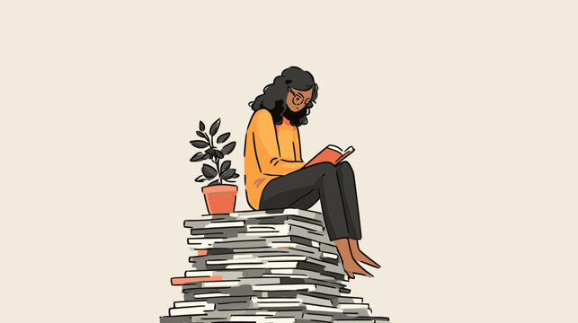 Reading Amongst Knowledge: A figure sits atop a towering stack of books, completely absorbed in the pages of a book, a small potted plant is placed beside.