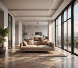 Gleaming floors, designer sofa, panoramic balcony ,  architecture photography,  high-rise living